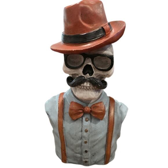 Maisey Mae Hipster Skeleton Bartender Bust Mustache, Bow & Fedora (Large) - Picture 4 of 4